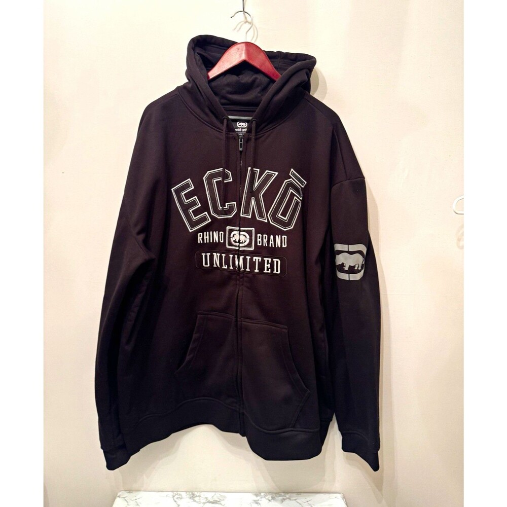 Ecko Unltd Hoodie Mens 3XL Black Full Zip Rhino Brand Embroidered Y2K Hip Hop